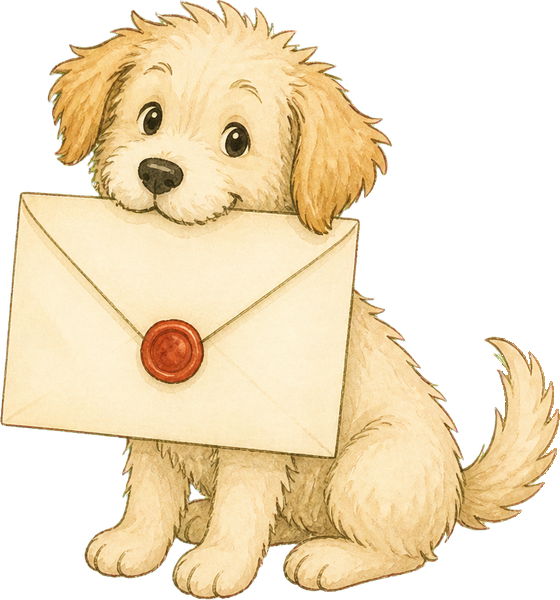 A puppy holding a sealed letter