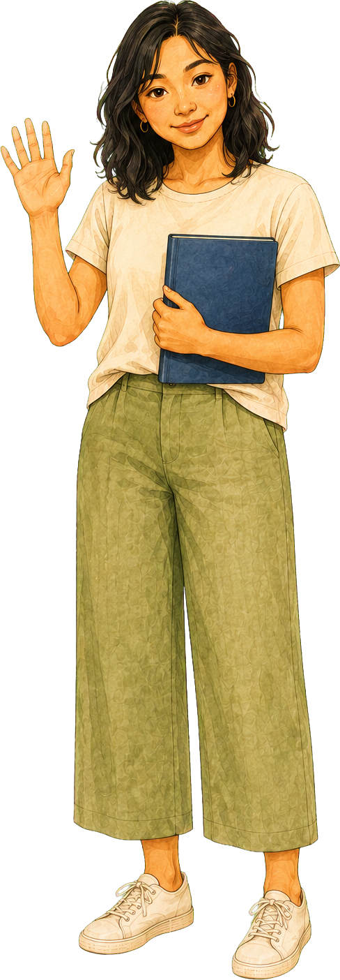 A Sozo teacher waving, holding a blue book