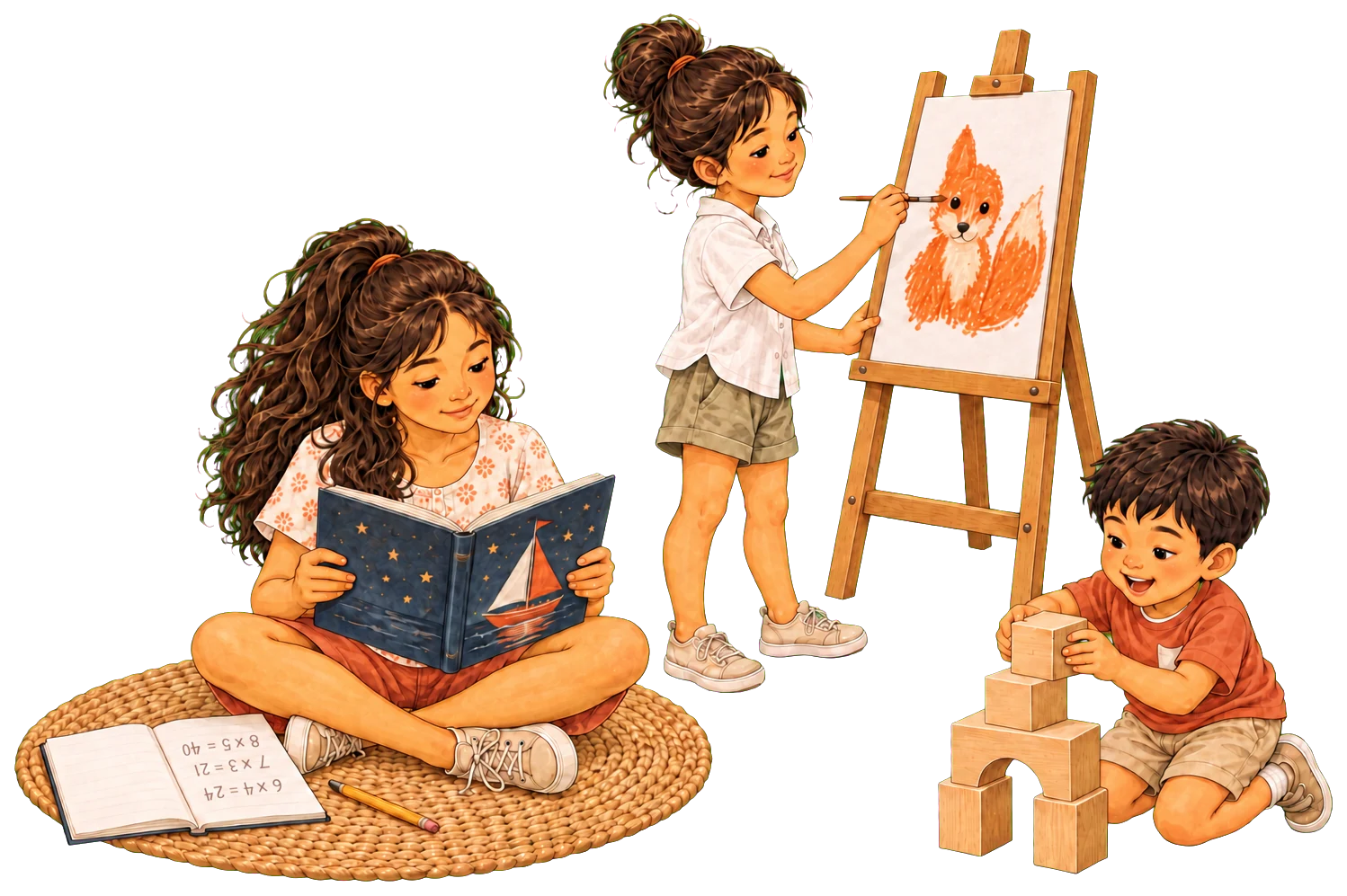 เด็กต่างวัยสามคนในห้องเดียวกัน: คนหนึ่งต่อบล็อก คนหนึ่งวาดรูปที่ขาตั้ง อีกคนอ่านและเขียนหนังสือ