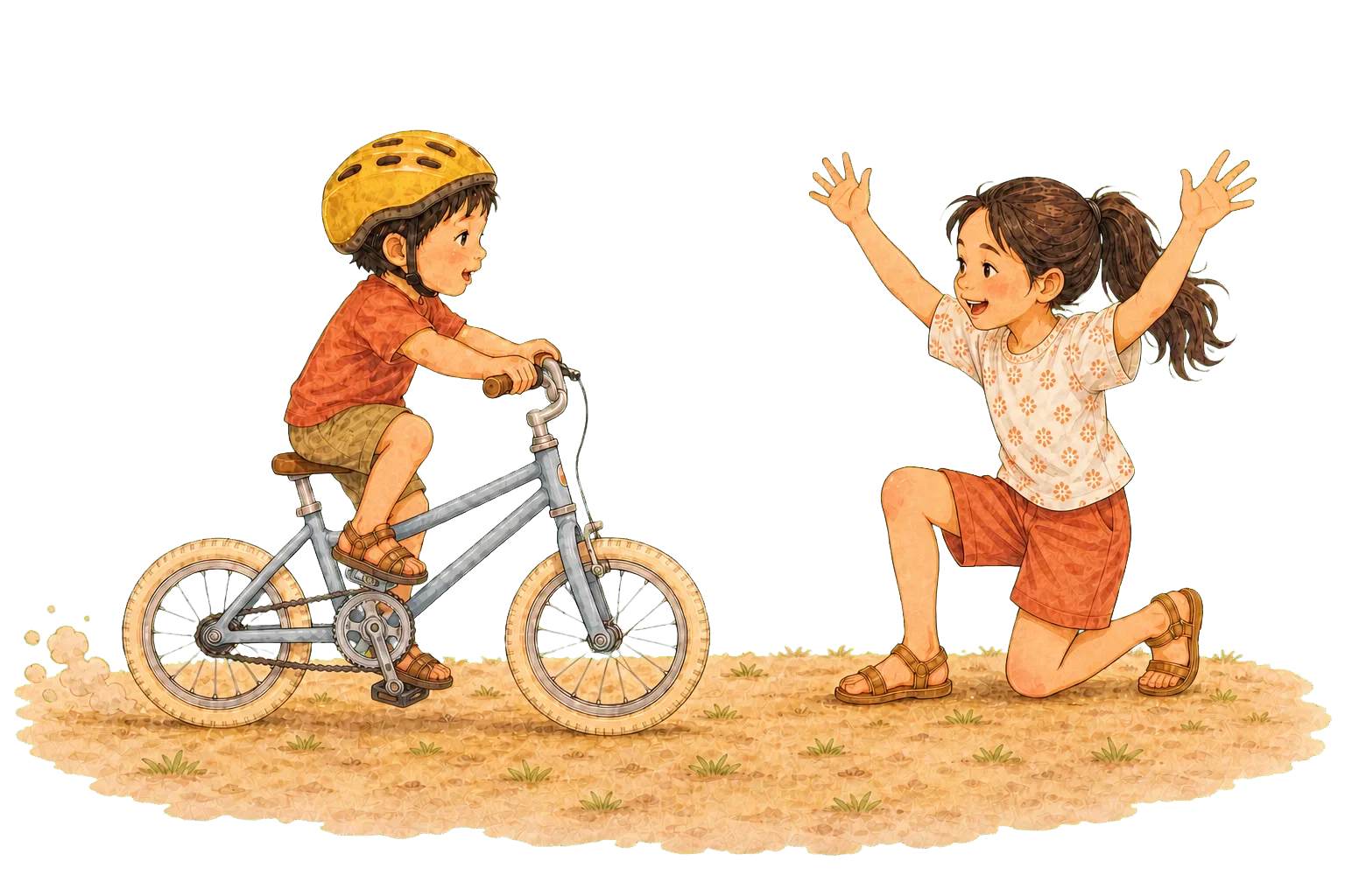 The little boy rides on his own toward the older girl, who kneels ahead with both arms raised, cheering him in