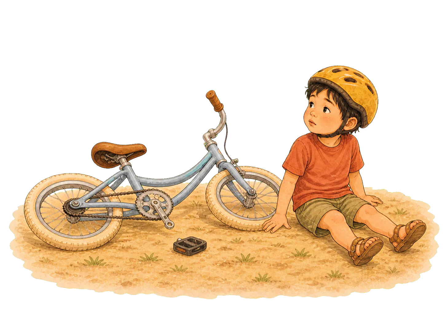 A little boy in a yellow helmet sits in the sand next to his tipped-over pedal bike
