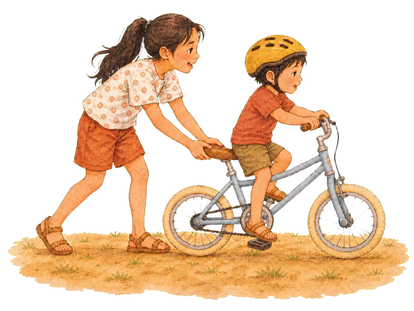 An older girl runs behind the bike, steadying the saddle while the little boy pedals