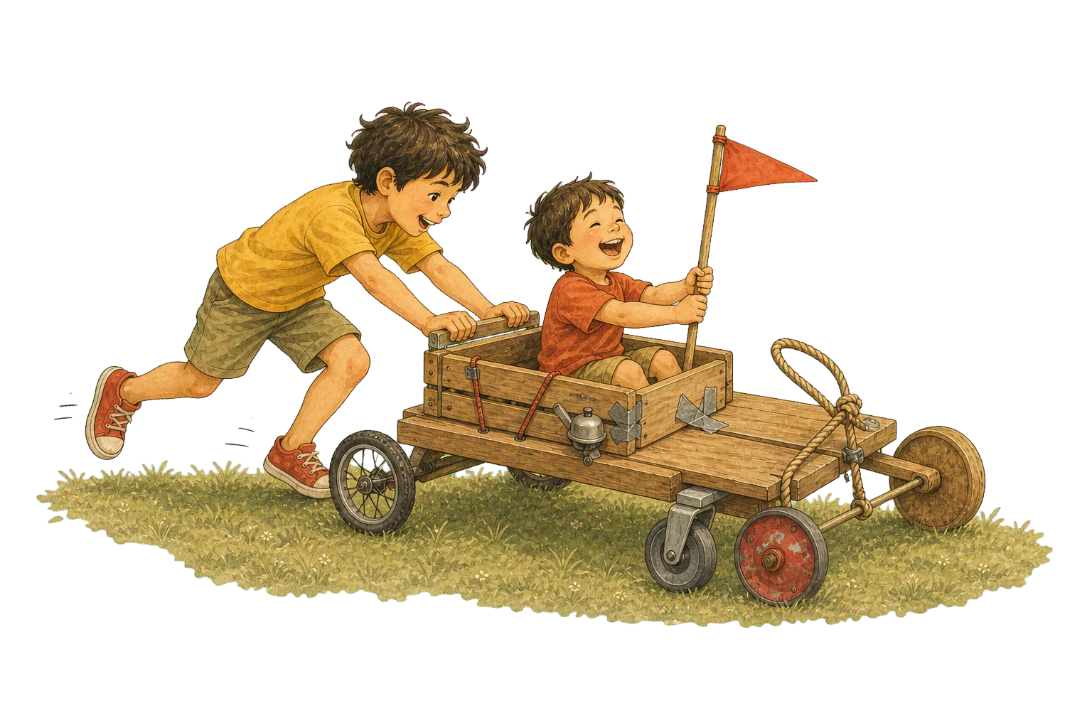 Two boys racing a homemade go-cart with a red pennant flag