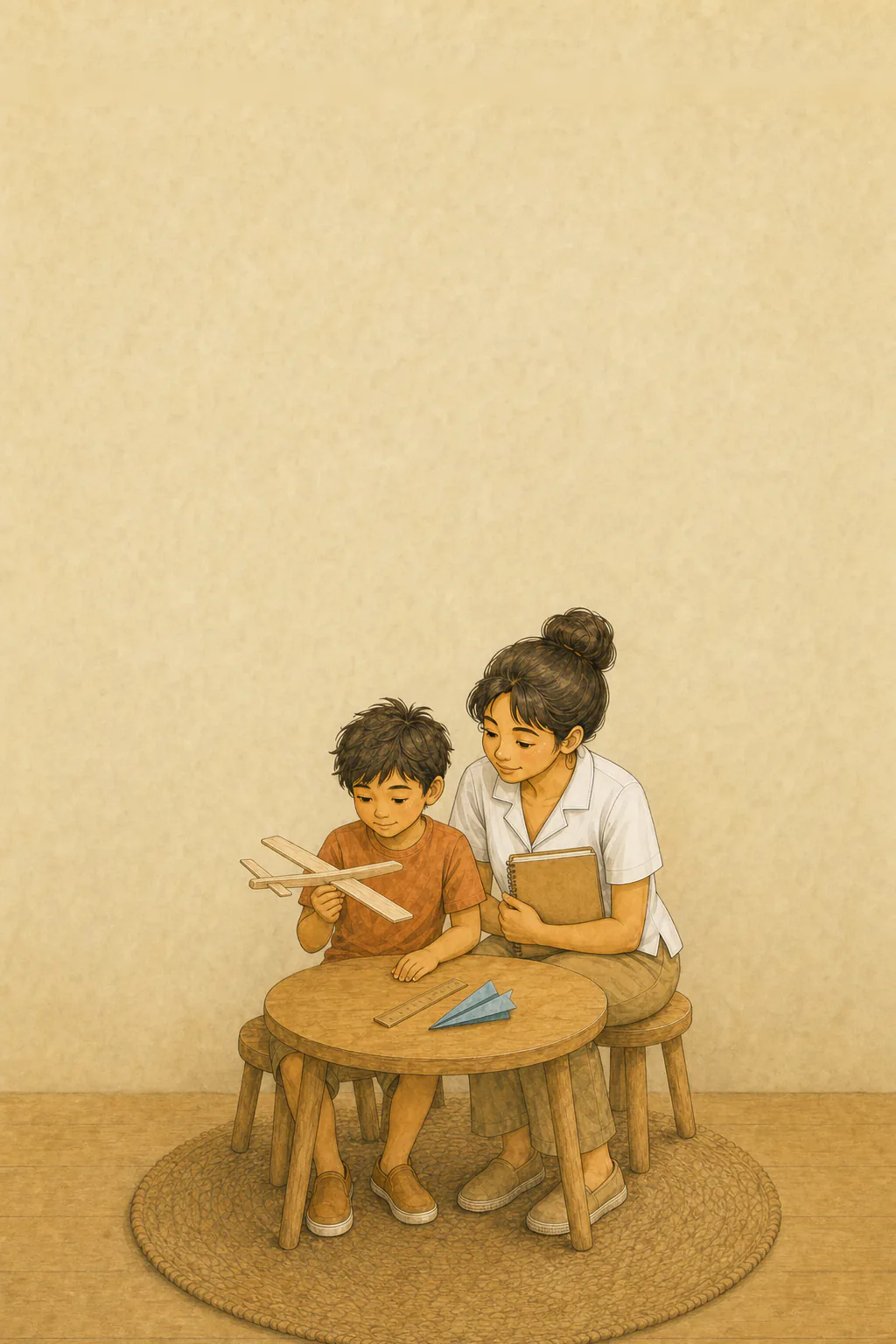 A teacher and child mid-lesson at a low table