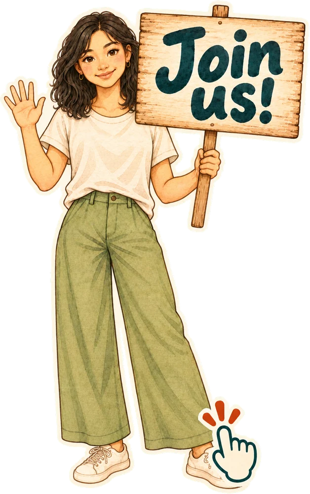 A Sozo teacher waving, holding a Join us! sign