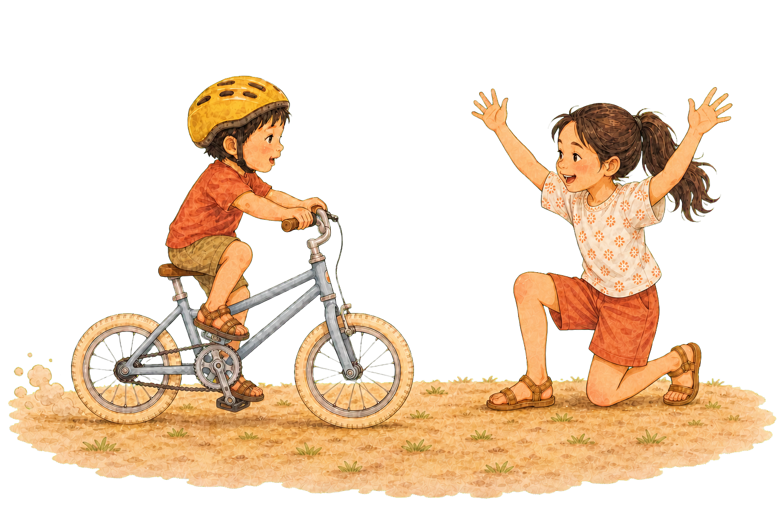 The little boy rides on his own toward the older girl, who kneels ahead with both arms raised, cheering him in