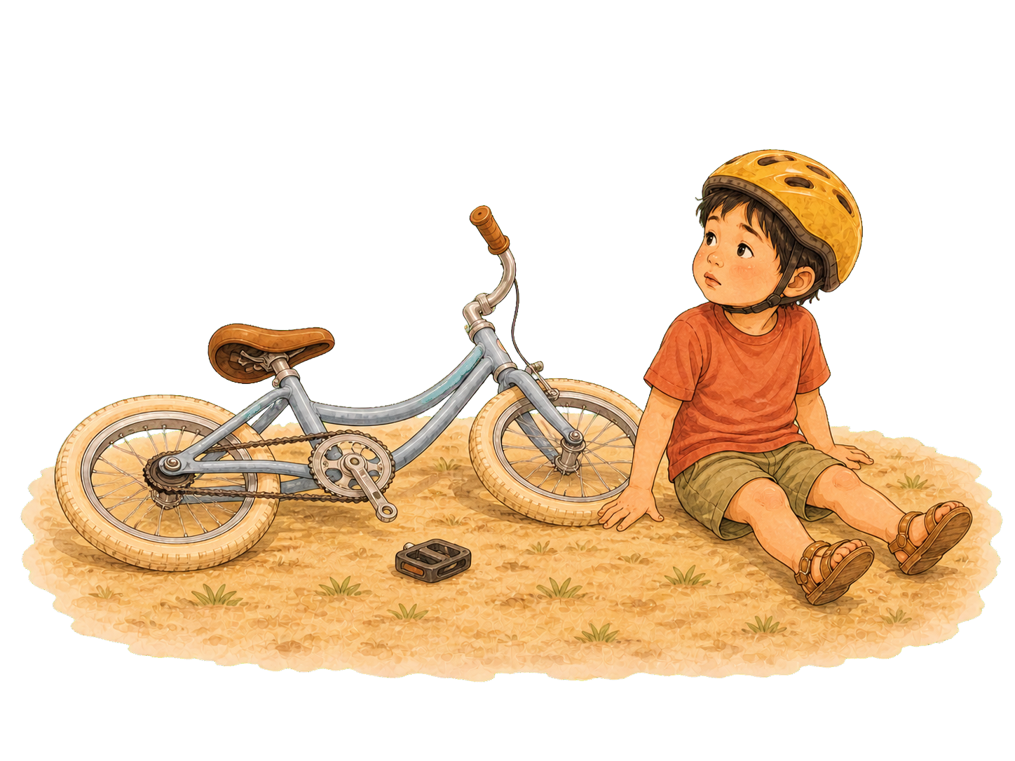 A little boy in a yellow helmet sits in the sand next to his tipped-over pedal bike