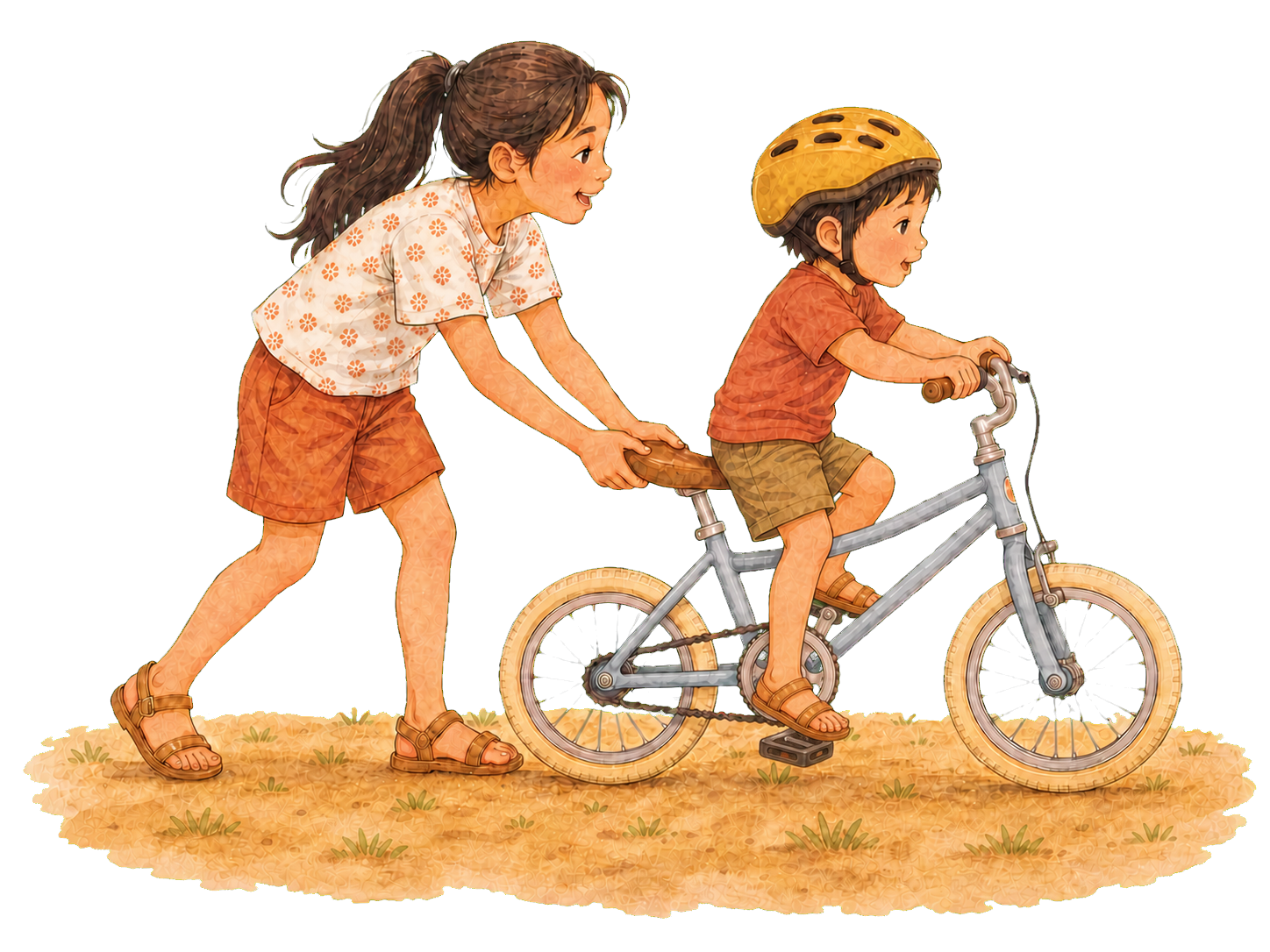 An older girl runs behind the bike, steadying the saddle while the little boy pedals