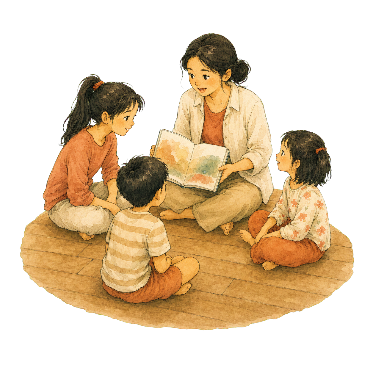 Three children and an adult seated cross-legged on a wooden floor, sharing a picture book