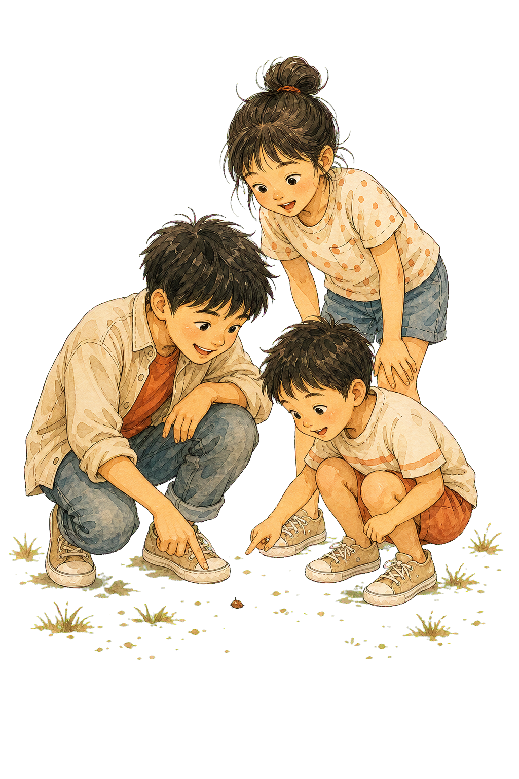 Three children of different ages crouched outside examining something small on the ground