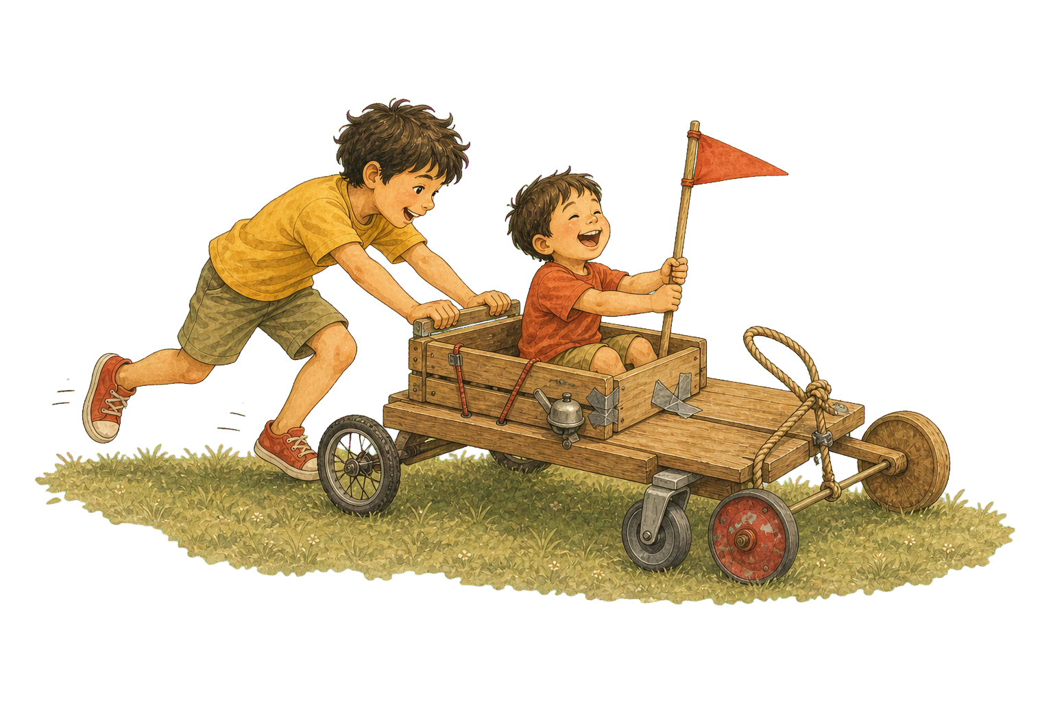 Two boys racing a homemade go-cart with a red pennant flag