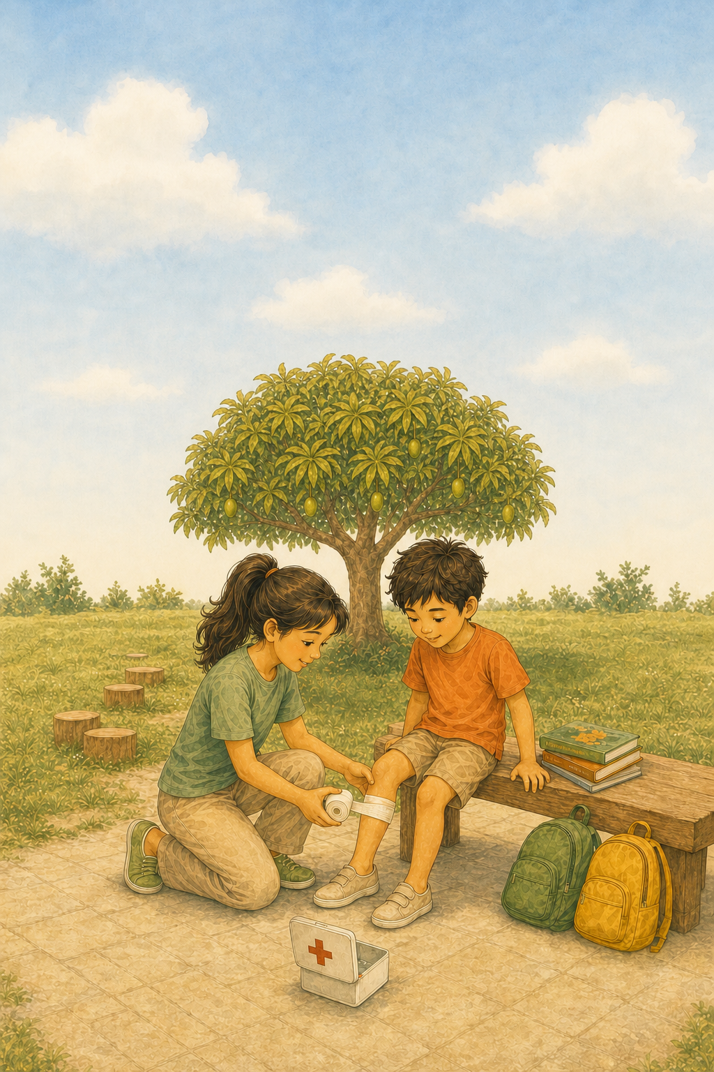 An older girl gently wraps a gauze bandage below a younger boy's knee under the mango tree, the first-aid tin open beside them