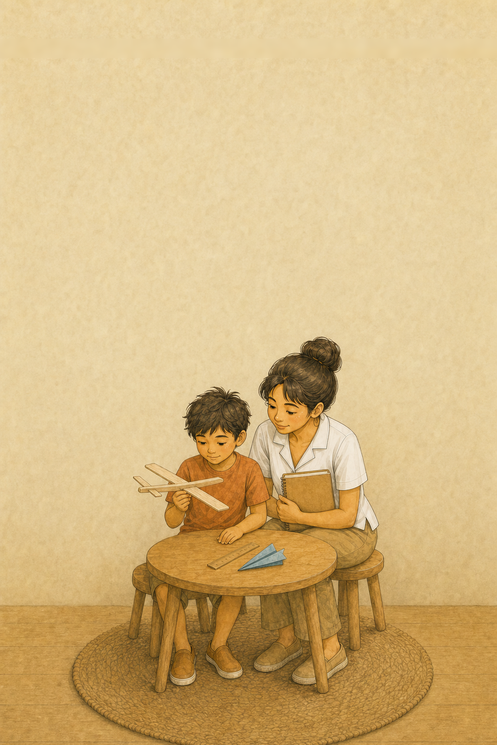 A teacher and child mid-lesson at a low table