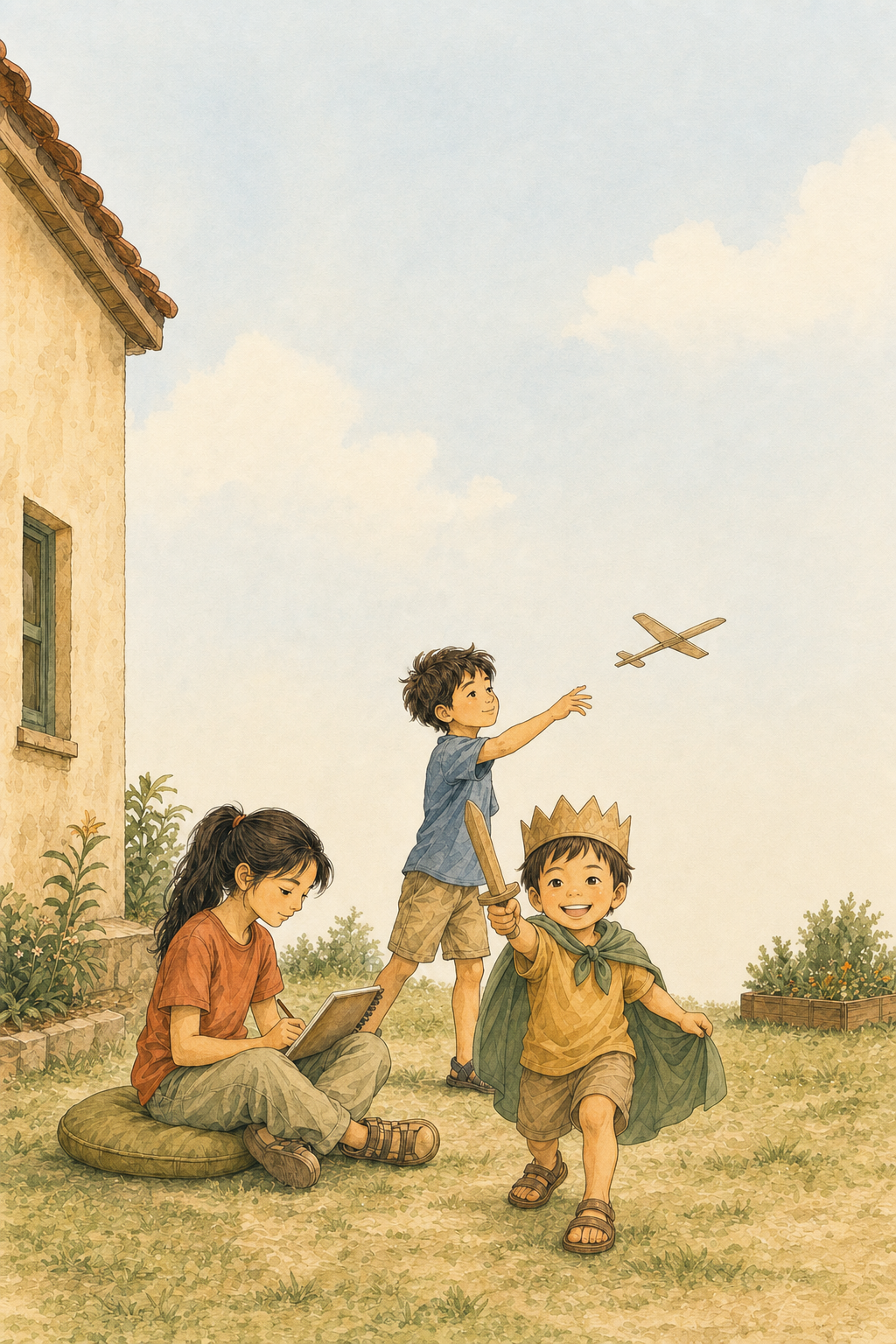 Three children each absorbed in their own world: sketch, glider, and a little knight