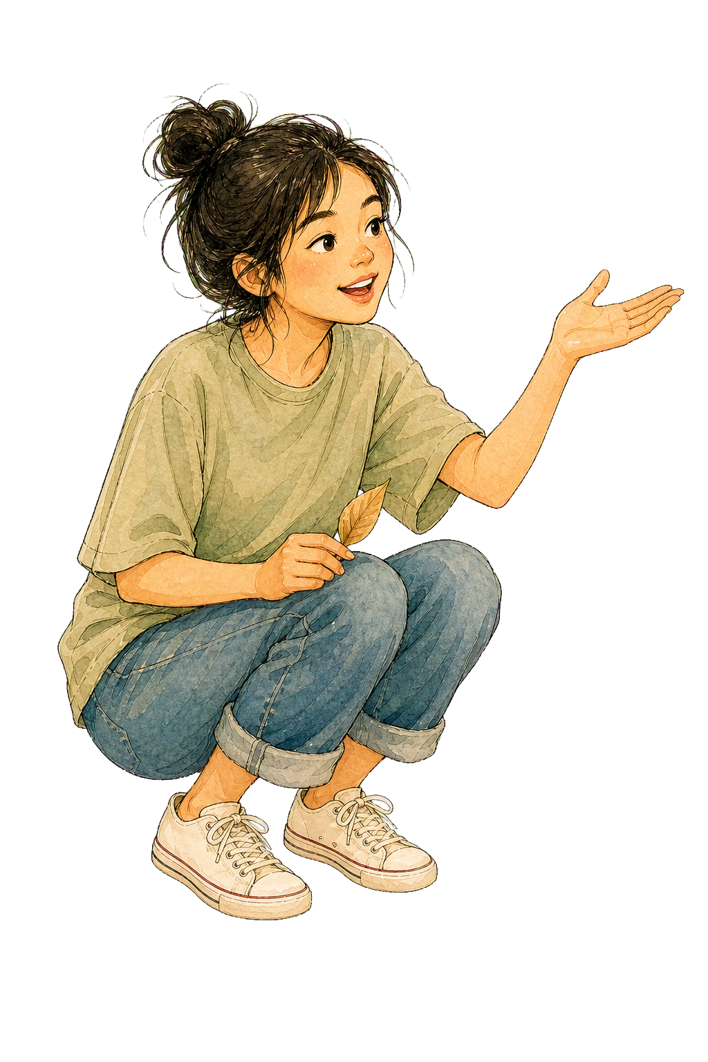 A young teacher crouched at child's eye level, gesturing open-palm mid-sentence with bright engaged energy